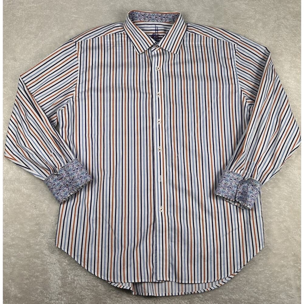 Robert Graham Shirt Mens 2XL Multicolor Striped Floral Flip Cuffs Cotton LS